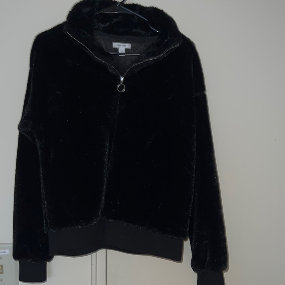 NINE WEST FAUX FUR BLACK HALF-ZIP SWEATER